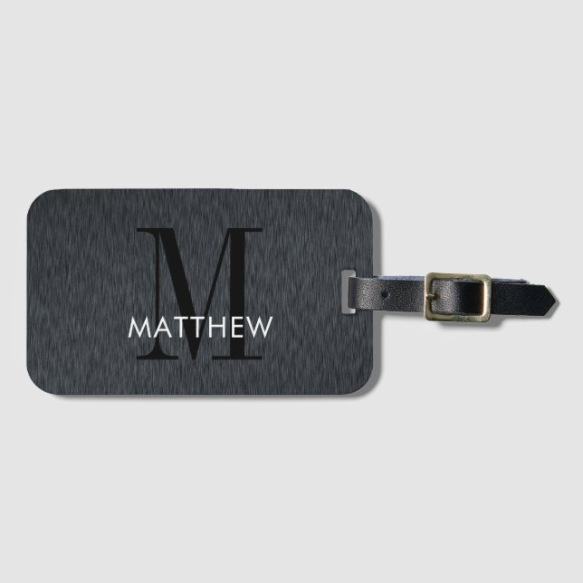 Masculine Monogram Script Black Brushed Metal  Gepäckanhänger (Vorderseite (Horizontal))