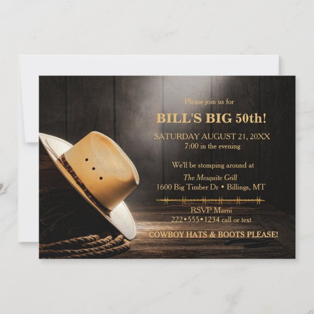 Masculine Rustic Cowboy Hat Rope Wood Western Einladung (Vorderseite)