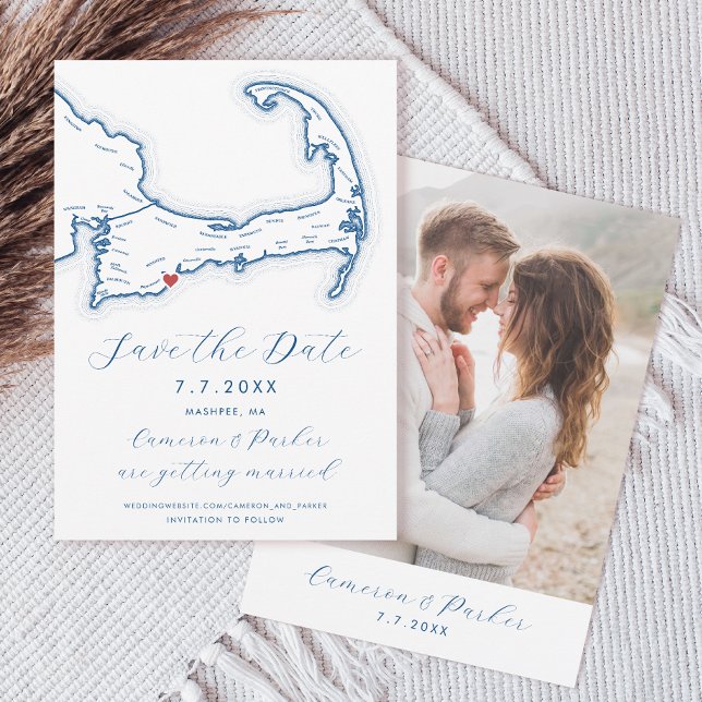 Mashpee MA Cape Cod Map Navy Blue Wedding Save The Date (Mashpee MA Cape Cod Map Save the Date in Modern Navy Blue with Photo Back from Coastal Map Designs)
