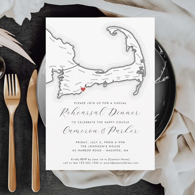 Mashpee MA Lässig Hochzeit Probe Dinner Einladung (Mashpee MA Casual Wedding Rehearsal Dinner Invitation in Black and White from Coastal Map Designs)