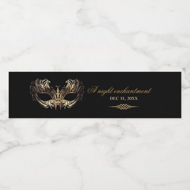 Mask Black Gold 50th Masquerade Birthday  Wasserflaschenetikett (Einzelnes Label)