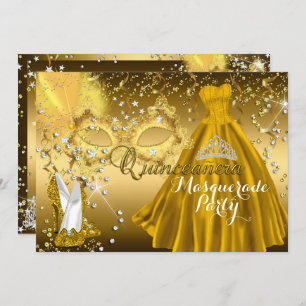 Mask & Tiara Masquerade Quinceanera Gold Einladung