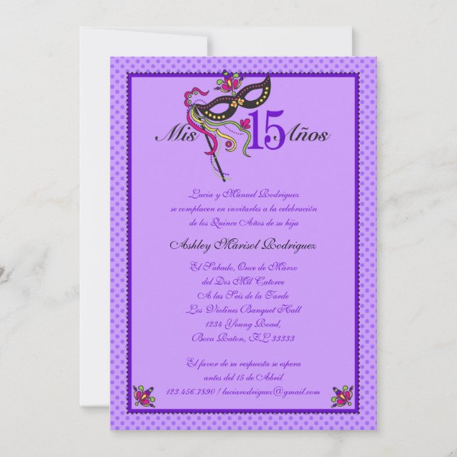 Maske 15 Quinceañera Einladung (Vorderseite)