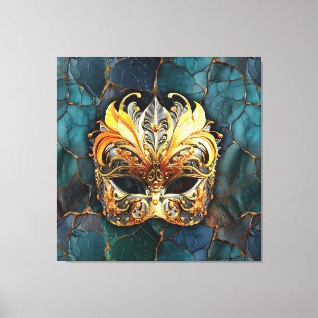 Maske, Federn und Aquamariner texturierter Hinterg Leinwanddruck (Vorderseite)