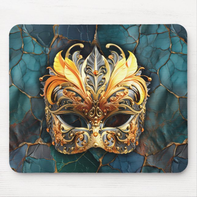 Maske, Federn und Aquamariner texturierter Hinterg Mousepad (Vorne)