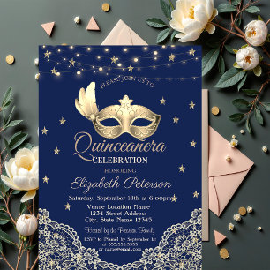 Maske, Lichterkette, Spitze, Sterne Quinceañera Einladung