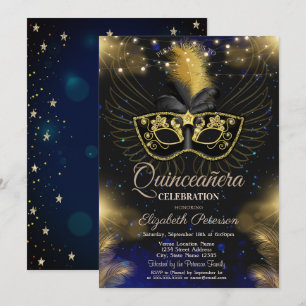 Maske, Lichterkette, Sterne Blaue Quinceañera Einladung
