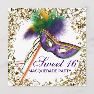 Maske mit lila Feder Süße 16 Maskenball-Party Einladung