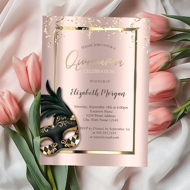 Maske Rose Gold Masquerade Quinceañera Einladung (Von Creator hochgeladen)