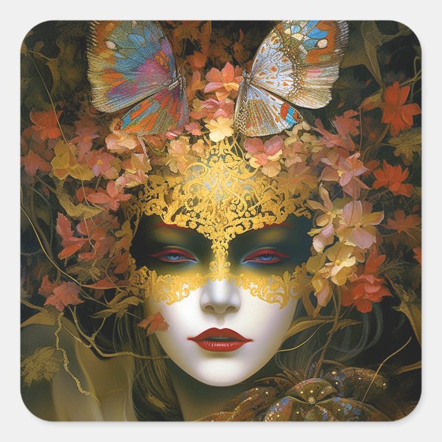 Masked Lady Fantasy Art Quadratischer Aufkleber (Vorderseite)
