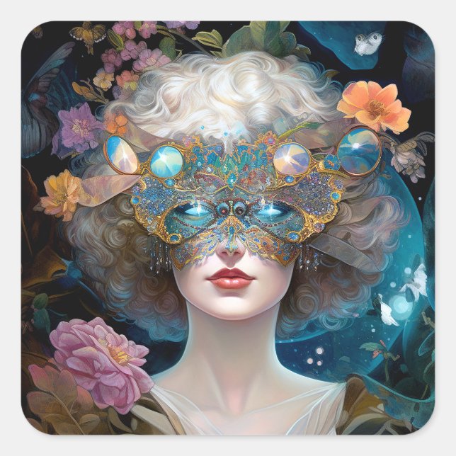Masked Lady Fantasy Art Quadratischer Aufkleber (Vorderseite)