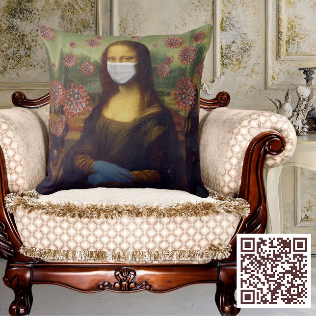 Masked Mona Lisa, der im sicheren Umkreis von Coro Kissen (Masked Mona Lisa Playing Safe Around Coronavirus Throw Pillow)