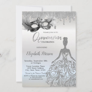Masken-Glitter-Kleid tropft Silber Quinceanera Einladung