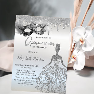 Masken-Glitter-Kleid tropft Silber Quinceanera Einladung