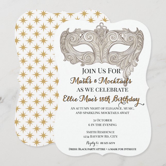 Masken & Mocktails Goldmasquerade Geburtstag Einladung (Vorne/Hinten)