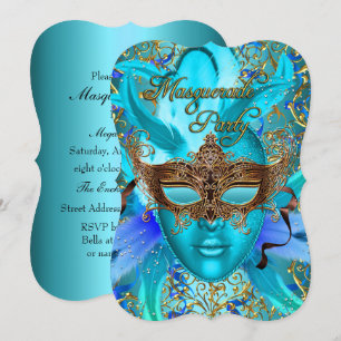 Maskenball-Einladung im Feder-Teal- und Gold-Desig Einladung