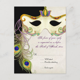 Maskenball-Einladung mit Pfauenmaske - RSVP-Antwor RSVP Karte