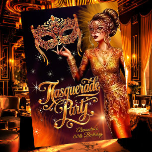 Maskenball-Geburtstags-Gold-Orange-umwerfendes Kle Einladung
