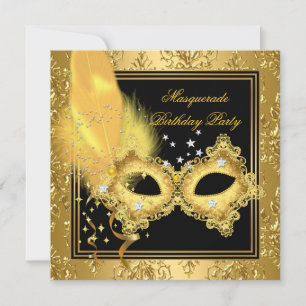 Maskenball Gold Damast Schwarz Gelbe Maske 2 Einladung