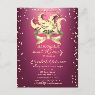 Maskenball Gold Diamanten, Maske, Lila Sweet 16 Einladungspostkarte