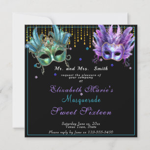 Maskenball Karneval Pink Türkis Sweet Sixteen Einladung