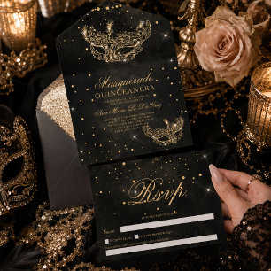 Maskenball-Maske Gold Glitter Quinceanera Sepia  All In One Einladung