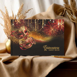 Maskenball-Maske Quinceañera Rot Gold ID1031 Gästebuch