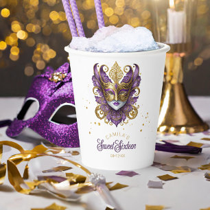 Maskenball-Motiv Sweet Sixteen Lila Gold ID1032 Pappbecher