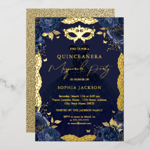 Maskenball Navy Blumenkleid Quinceanera Folieneinladung