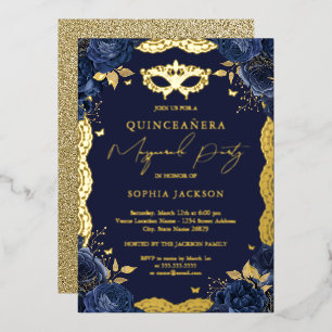 Maskenball Navy Floral Spitze Quinceanera Folieneinladung