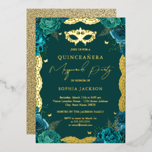 Maskenball Teal Floral Spitze Quinceanera Folieneinladung