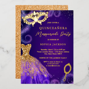 Maskenball-Violetter Goldener Kleid Quinceanera Folieneinladung