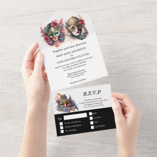 Maskenhochzeit   Braut Bräutigam venezianische Mas All In One Einladung