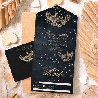 Maskenmaske Gold Glitzer quinceanera schwarz All In One Einladung