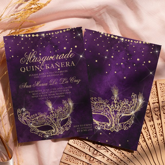 Maskenmaske lila Glitzer quinceanera Einladung (Von Creator hochgeladen)