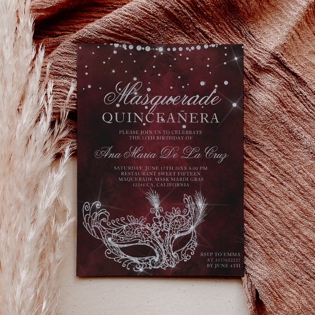 Maskenmaske Roter Glitzer Quinceanera Einladung (Masquerade mask red silver glitter quinceanera invitation)