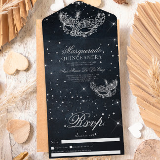 Maskenmaske silber Glitzer quinceanera schwarz All In One Einladung