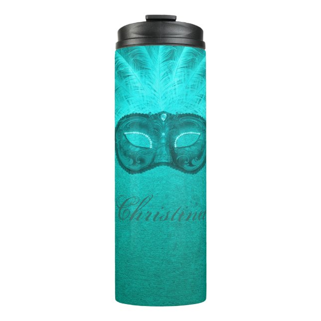 Maskenmaske Vintage aquamarine Federkunst Deko Thermosbecher (Vorderseite)