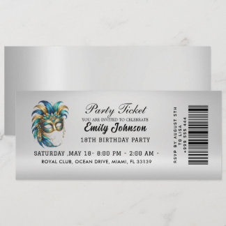 Maskenparty-Ticket Geburtstagseinladung Gold Einladung