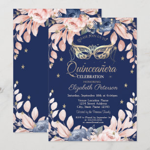 Maskerade, Blaue Blumen, Goldene Sterne Quinceañer Einladung