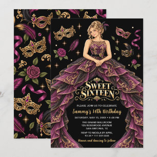 Maskerade Burgund Gold Sweet Sixteen Einladung