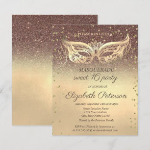 Maskerade Diamanten Glitter Gold Sweet 16   Einladung