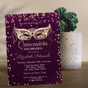 Maskerade, Diamanten, Lichter Violette Quinceañera Einladung