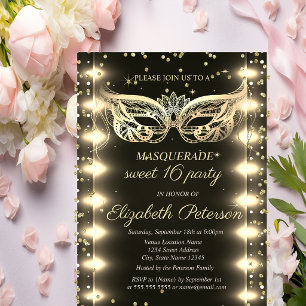Maskerade Gold Diamanten Lichter Sweet 16  Einladungspostkarte