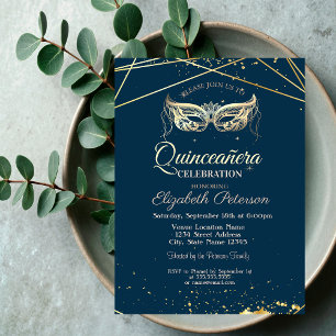 Maskerade, Gold, Navyblau Quinceañera Einladung