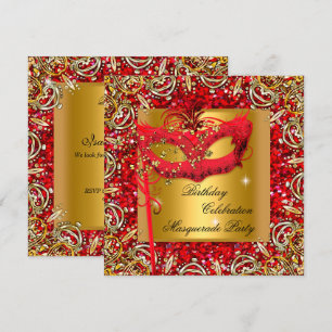 Maskerade Goldmaske Glitter Rot Geburtstagsfeier 2 Einladung