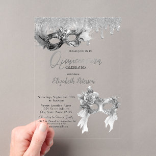 Maskerade Maske Glitter Tropfen Silber Quinceanera Acryleinladungen