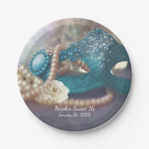 Maskerade-Maske u. Perlen-Regenbogen-Party-Teller Pappteller