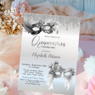Maskerade Masque Glitter Tropfen Silber Quinceaner Einladung