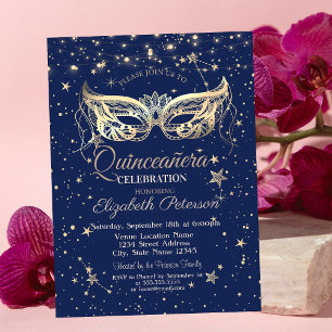 Maskerade, Navy Blue Sterne  Quinceañera Einladung